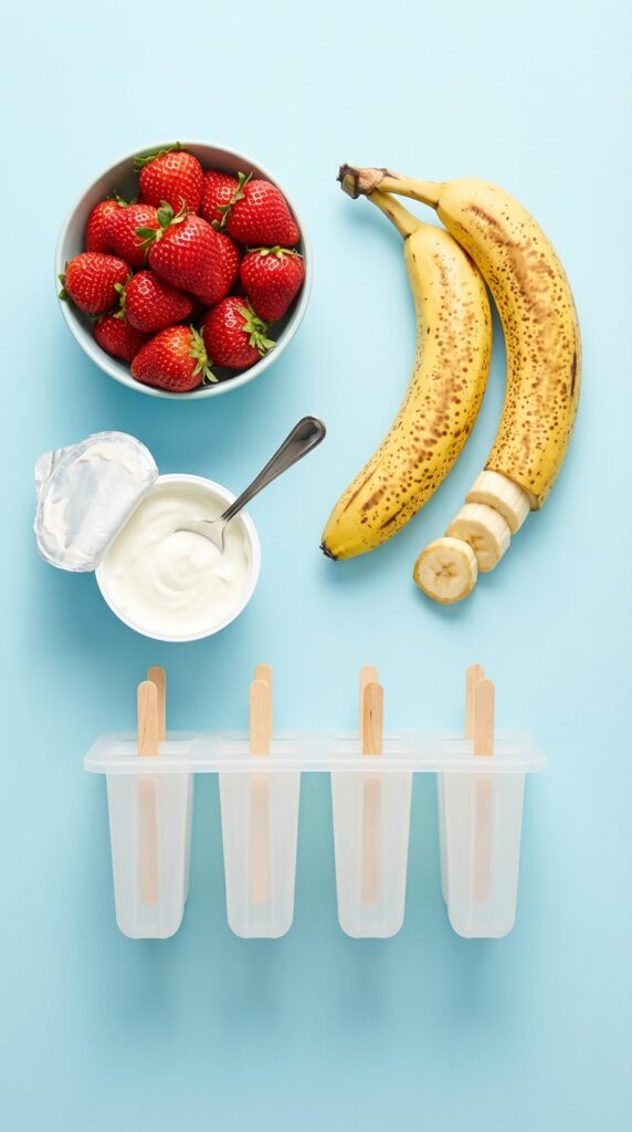 A flat lay showing strawberries, ripe bananas, Greek yogurt, and a popsicle mold on a blue surface.