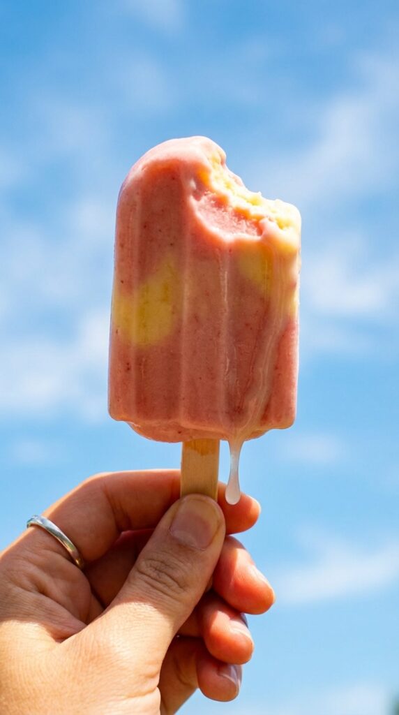 A close-up of a hand holding a bitten pink popsicle against a blue sky, showing a creamy texture.