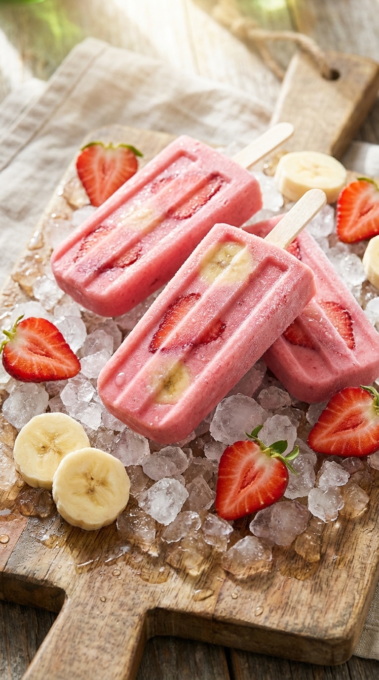 Three pink strawberry banana popsicles lying on crushed ice with fresh fruit garnishes.