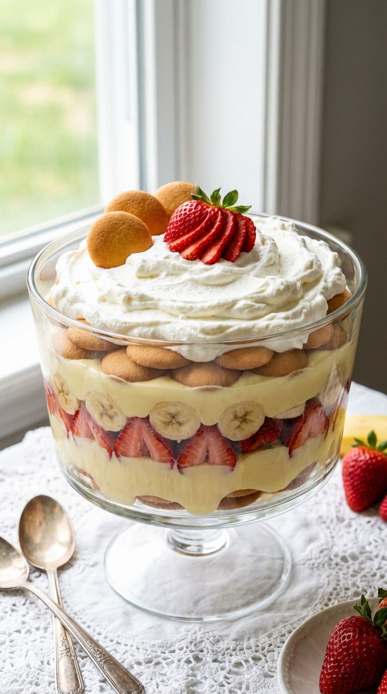A large glass trifle bowl filled with layered vanilla pudding, Nilla wafers, bananas, and strawberries, topped with whipped cream.