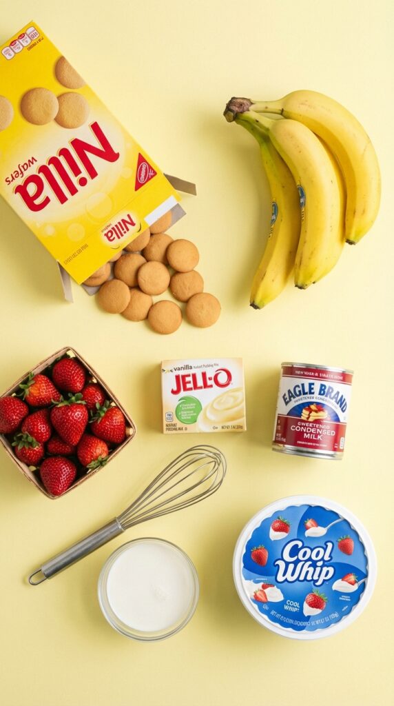 A flat lay showing a box of Nilla Wafers, bananas, strawberries, pudding mix, and milk on a yellow surface.
