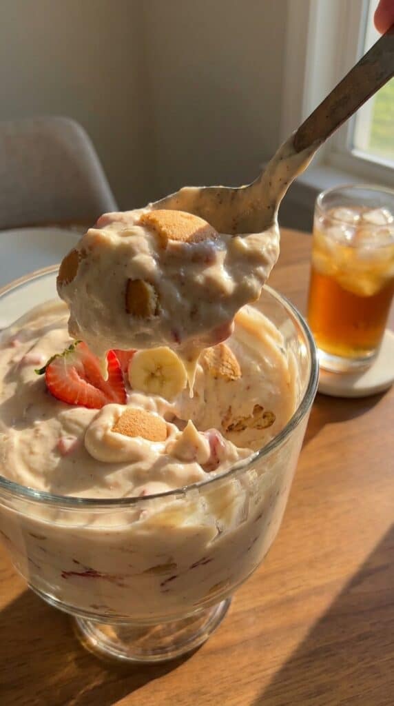 A close-up of a spoon lifting a scoop of creamy strawberry banana pudding, showing softened cookies and fruit.
