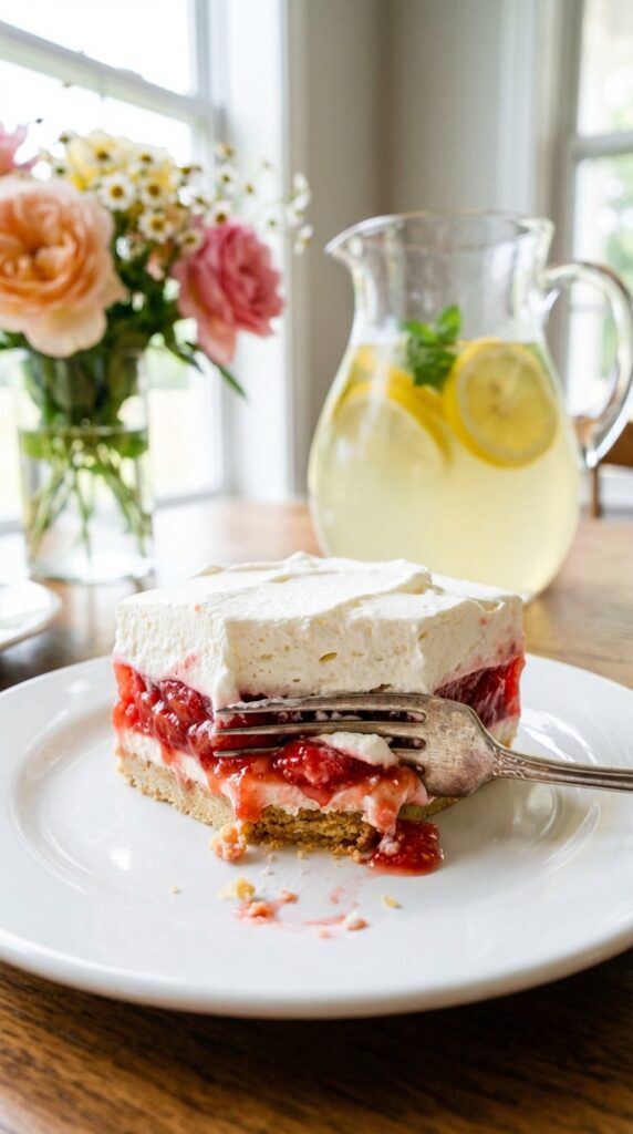A close-up of a square slice of strawberry layered dessert on a plate with a fork.