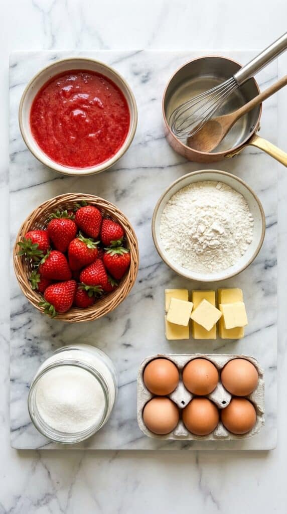 A flat lay showing strawberry puree, fresh berries, flour, butter, sugar, and eggs on a marble board.