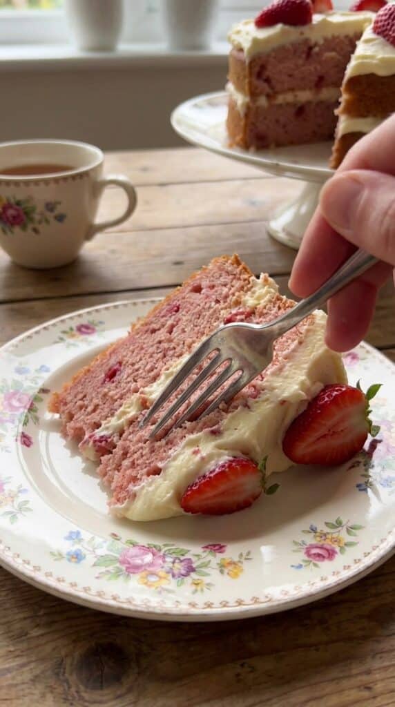 A close-up of a fork cutting into a moist slice of pink strawberry cake on a floral plate.
