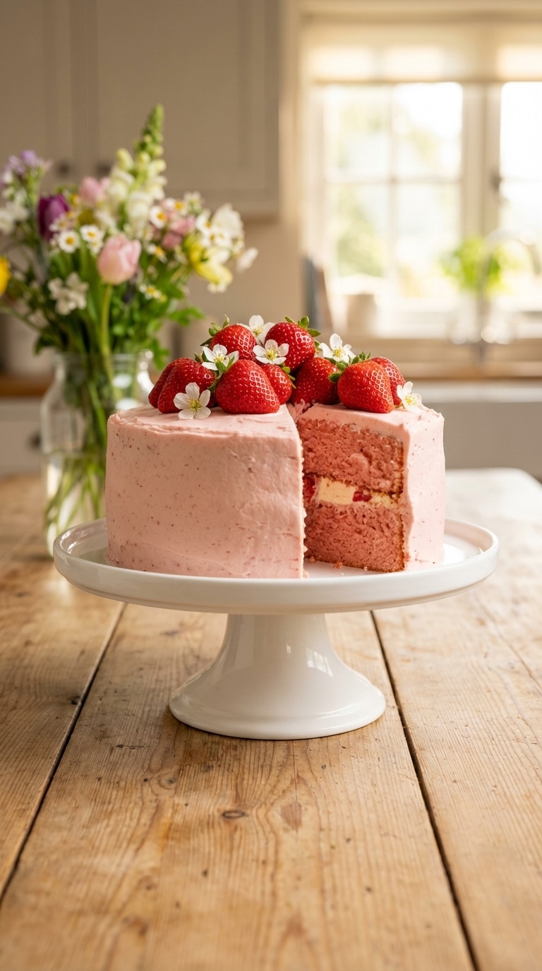 A whole two-layer pink strawberry cake on a stand, topped with fresh berries, with a slice removed showing the pink inside.