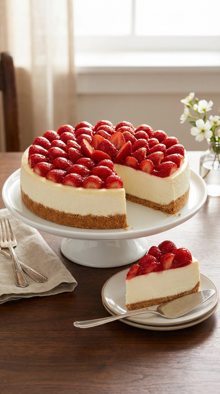 A whole strawberry cheesecake on a stand with fresh glazed strawberries on top, with a slice missing to show the creamy inside.