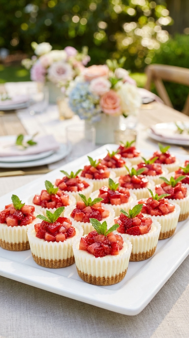 A white platter filled with mini cheesecake bites topped with diced strawberries and mint.