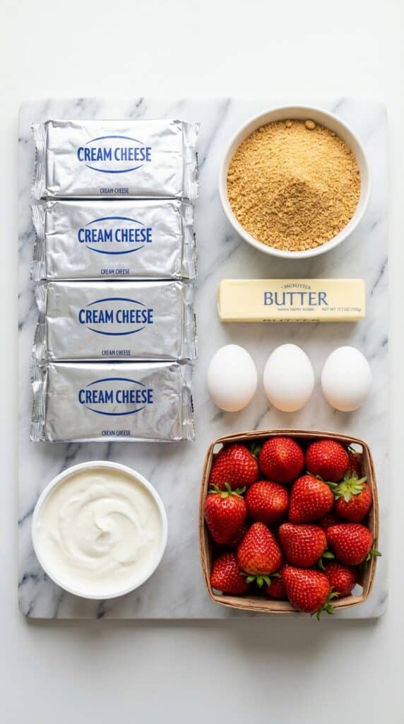 A flat lay showing blocks of cream cheese, graham cracker crumbs, eggs, sour cream, and fresh strawberries on a marble board.