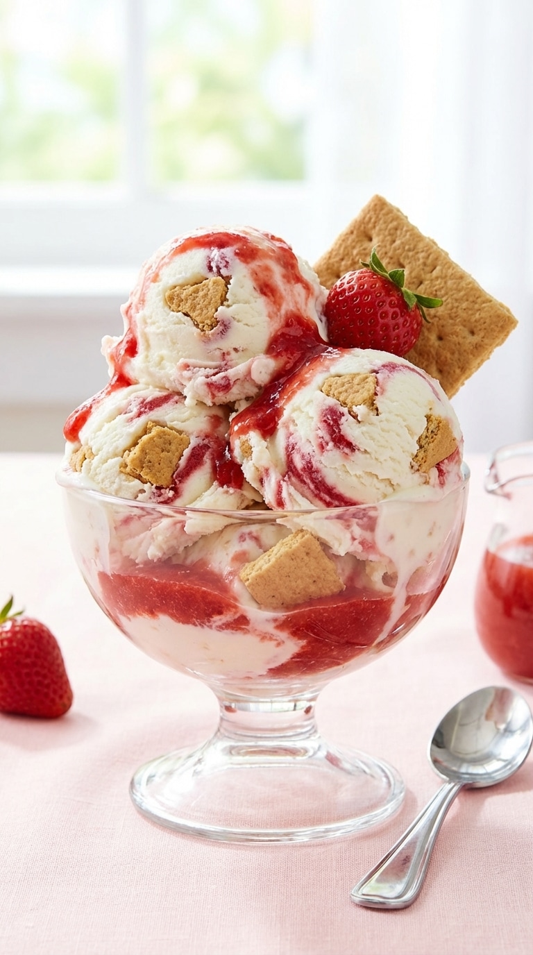A glass bowl filled with scoops of strawberry cheesecake ice cream showing red swirls and cookie chunks.