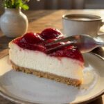 A close-up side view of a slice of cheesecake with a fork cutting into the creamy filling and crust.