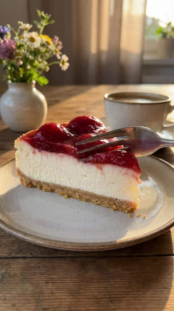 A close-up side view of a slice of cheesecake with a fork cutting into the creamy filling and crust.