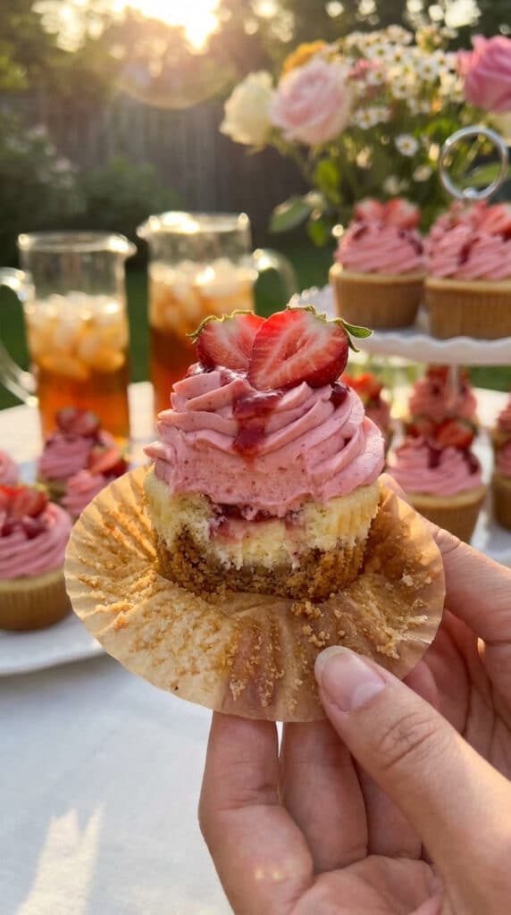 A close-up of a hand holding a vanilla cupcake topped with a tall swirl of pink strawberry frosting at an outdoor party.