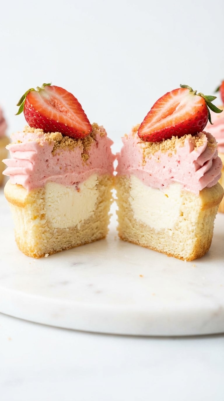 A halved vanilla cupcake revealing a baked cheesecake center, topped with pink strawberry buttercream and fresh berries on a marble board.