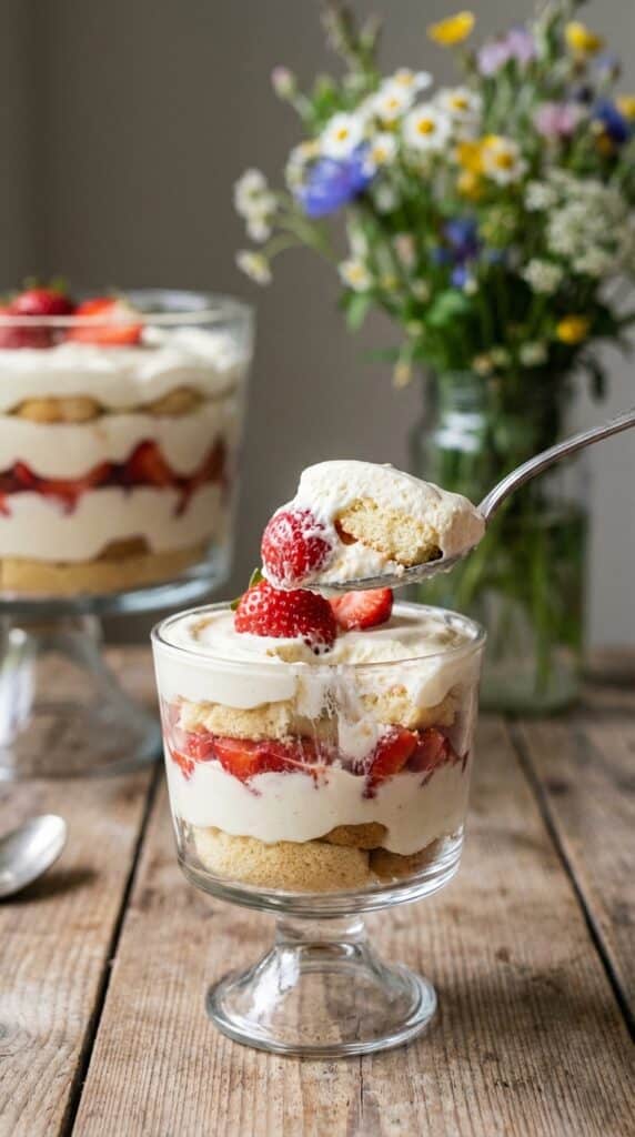 A close-up of a glass cup with a serving of strawberry trifle, with a spoon lifting a bite of cake and cream.