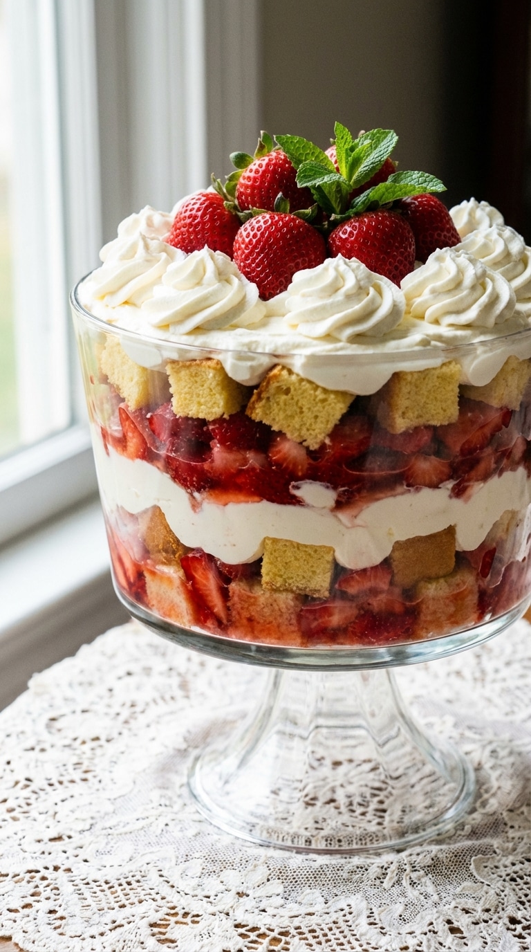 A large glass trifle bowl showing layers of pound cake, cheesecake cream, and fresh strawberries, topped with whipped cream.