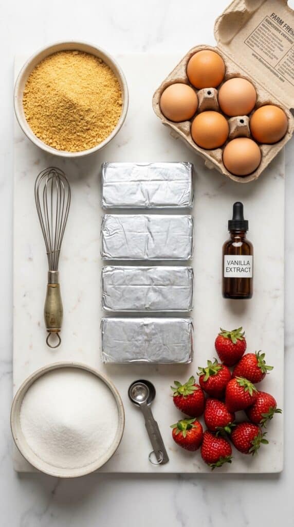 A flat lay showing blocks of cream cheese, eggs, sugar, graham crumbs, and fresh strawberries on a marble board.