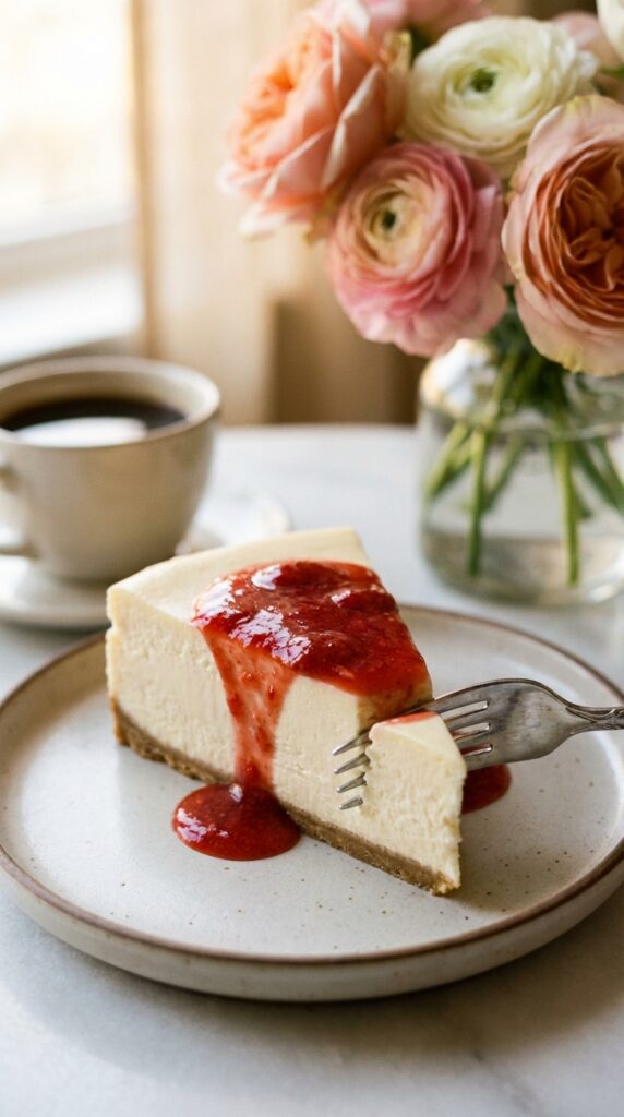 A close-up side view of a slice of strawberry cheesecake showing the creamy texture and crust layers.