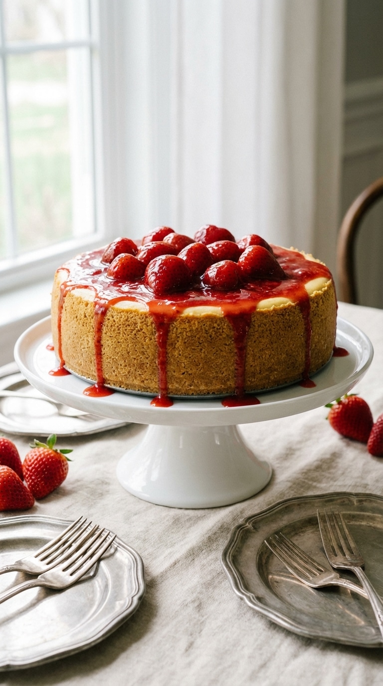 A whole baked cheesecake on a white stand topped with glossy strawberry sauce and fresh berries.