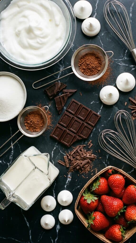 A flat lay showing egg whites, sugar, cocoa powder, dark chocolate, cream, and fresh strawberries on a marble surface.