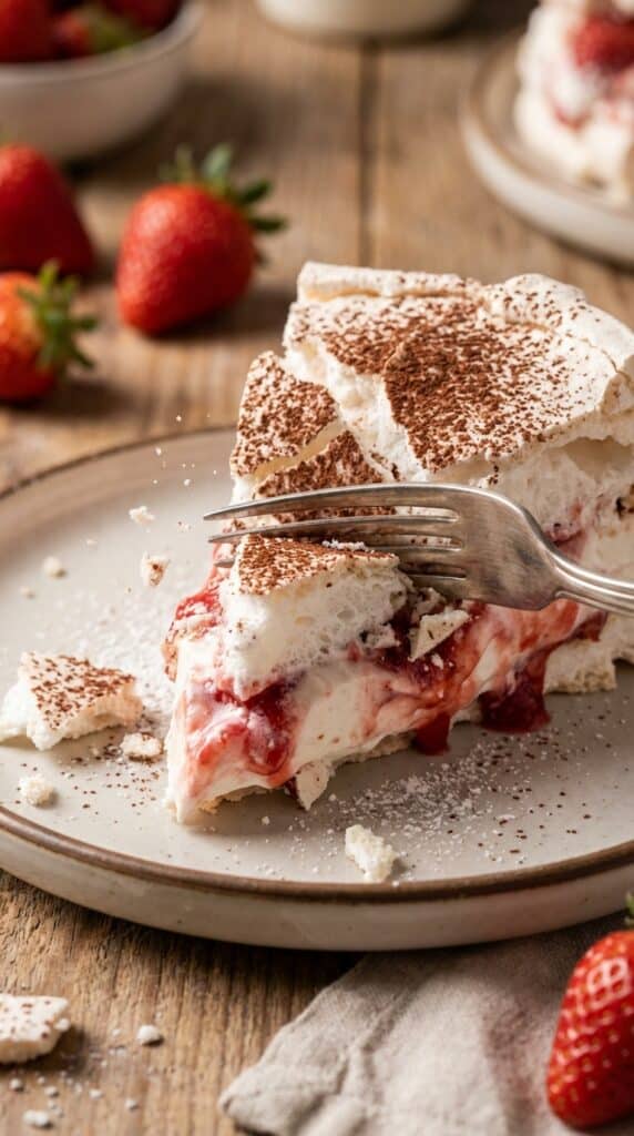A close-up of a fork breaking through a slice of meringue cake, showing the crisp shell and soft cream.