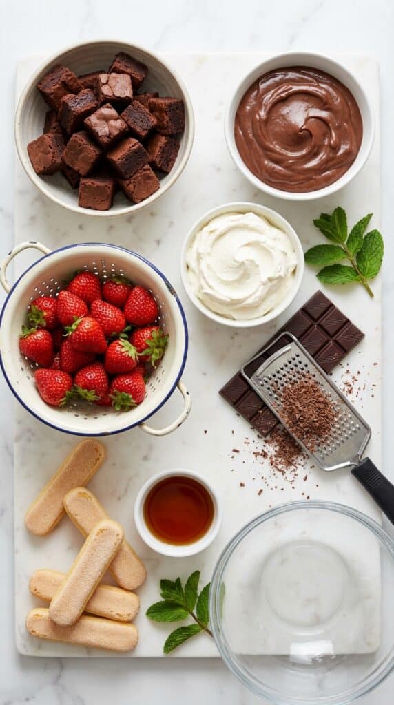 A flat lay showing brownie cubes, chocolate pudding, strawberries, and whipped cream on a marble surface.