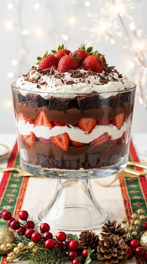 A close-up of a spoon lifting a scoop of chocolate trifle, showing the messy, delicious layers.