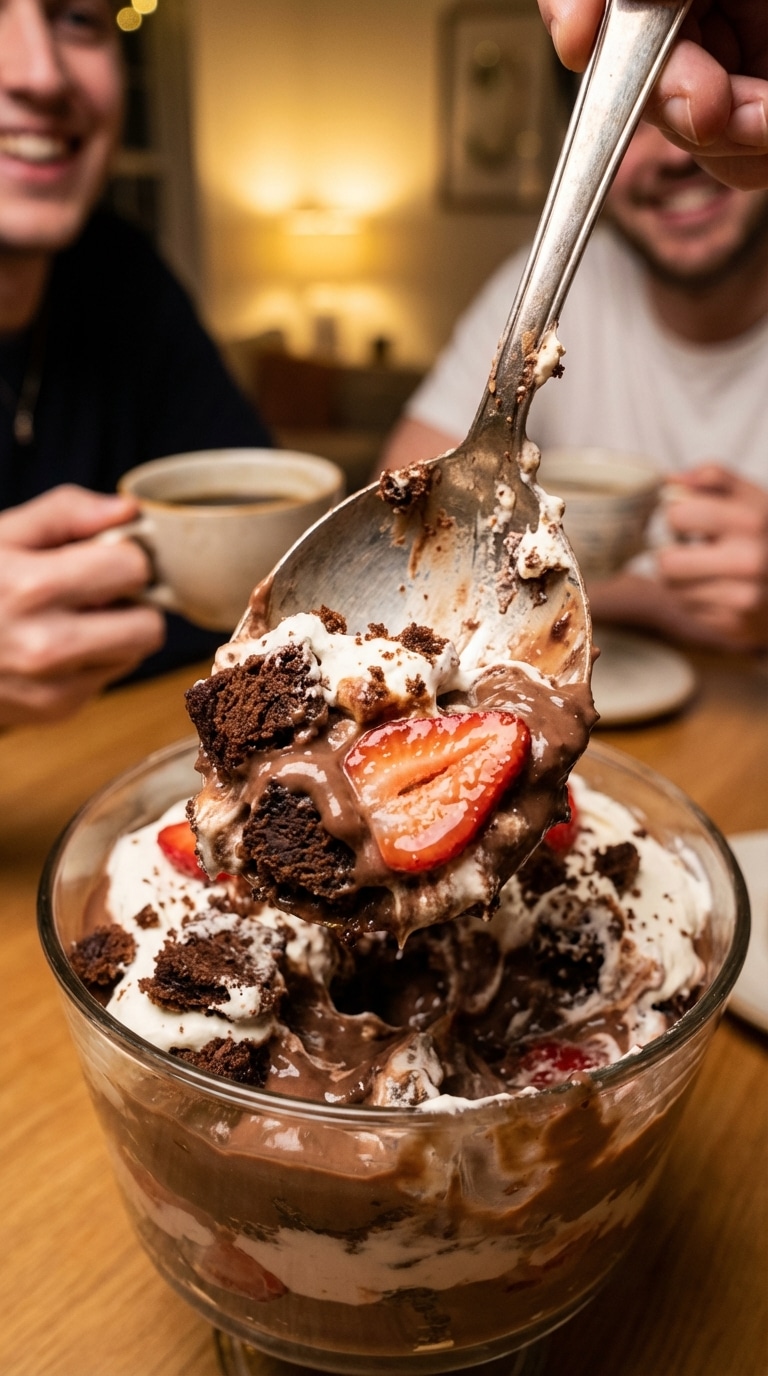 A large glass trifle bowl filled with layers of brownie, chocolate pudding, strawberries, and whipped cream