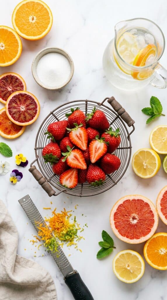 A flat lay showing fresh strawberries, cut oranges and lemons, sugar, and citrus zest on a white table.