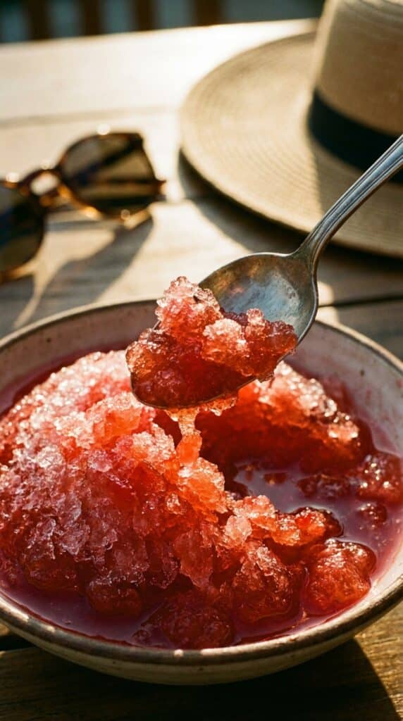 A close-up of a spoon lifting red shaved ice crystals from a bowl.