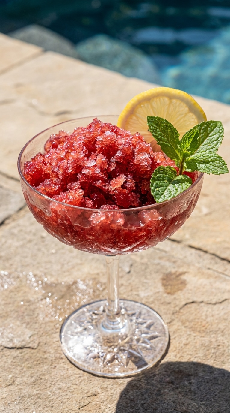 A glass filled with red strawberry granita shaved ice garnished with lemon and mint on a sunny table.