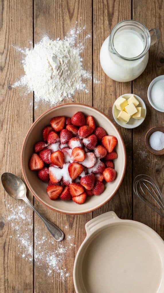 A flat lay showing fresh strawberries, flour, butter, milk, and sugar on a wooden board.