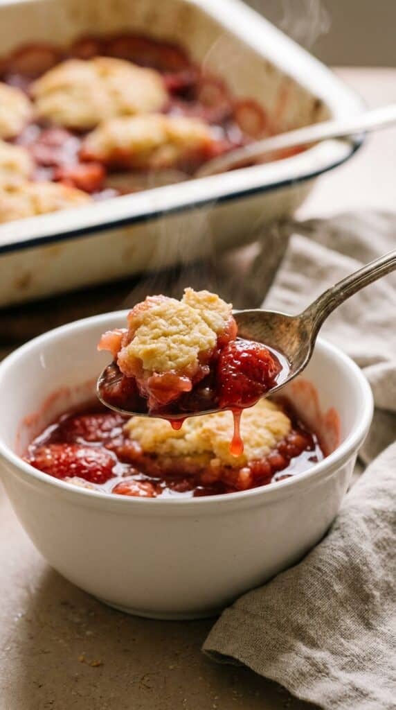 A close-up of a spoon lifting a bite of warm strawberry cobbler with steam rising