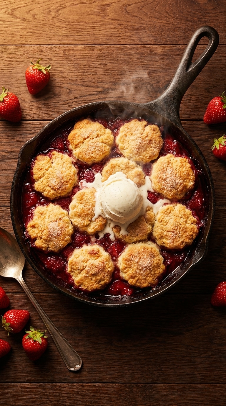 A top-down view of a cast iron skillet filled with baked strawberry cobbler topped with melting vanilla ice cream.