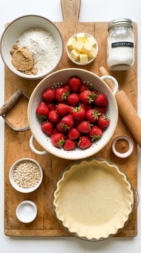 A flat lay showing fresh strawberries, flour, brown sugar, butter cubes, and a pie dish with dough.