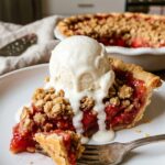 A close-up of a slice of strawberry crumble pie topped with melting vanilla ice cream.