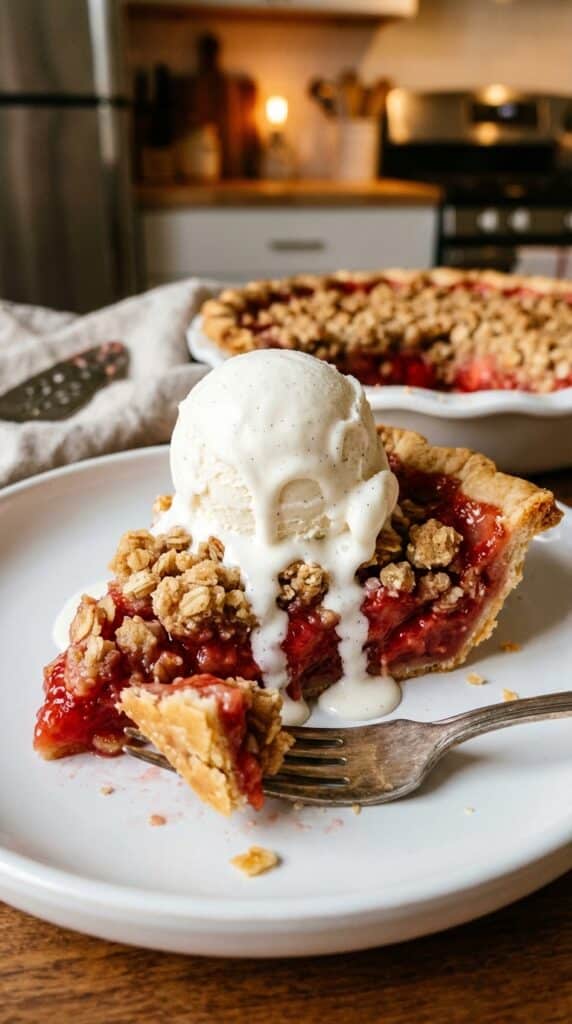 A close-up of a slice of strawberry crumble pie topped with melting vanilla ice cream.