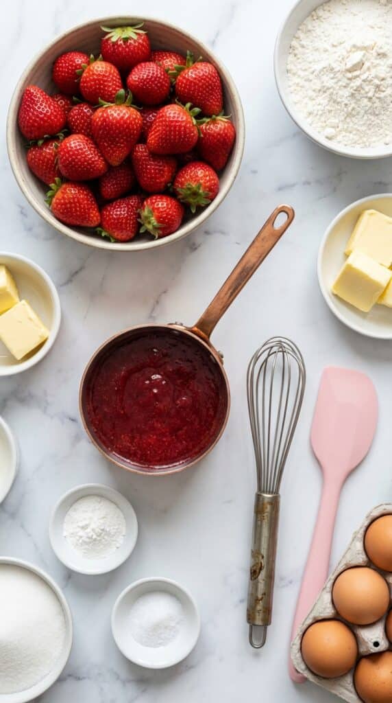 A flat lay showing fresh strawberries, strawberry reduction in a pan, flour, butter, and eggs on a marble board.