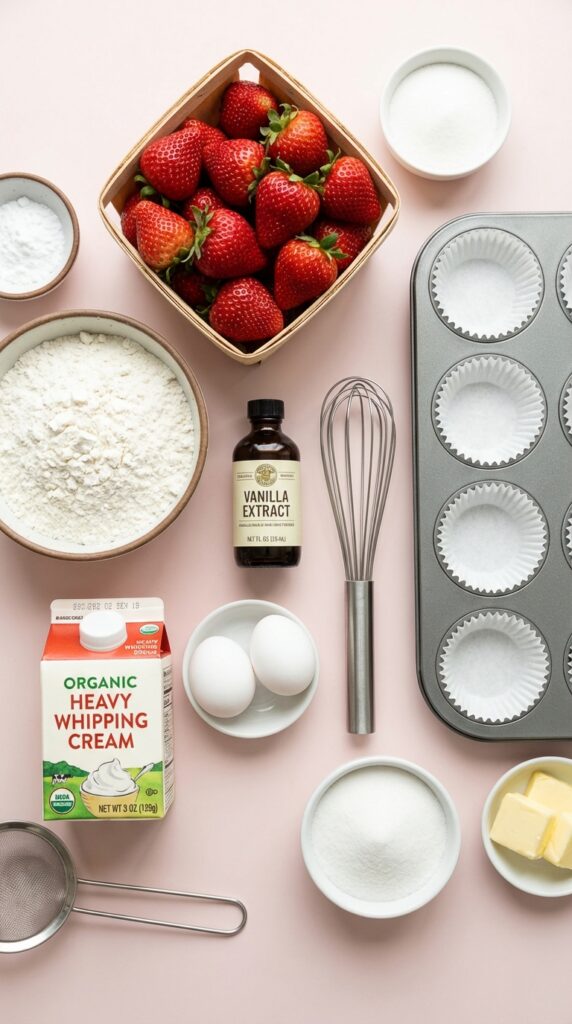 A flat lay showing fresh strawberries, flour, heavy cream, eggs, and a muffin tin on a pink background.