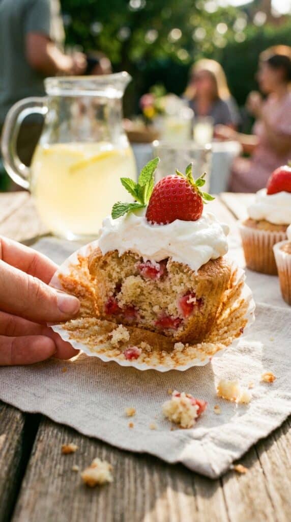 A close-up of a hand peeling the wrapper off a strawberry cupcake, revealing the fruit inside.