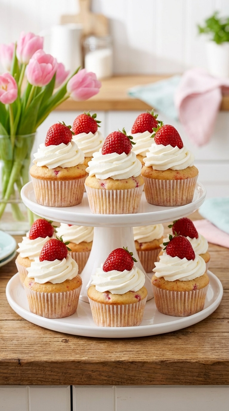 A white cake stand displaying strawberry cupcakes with high swirls of whipped cream and fresh berry garnishes.