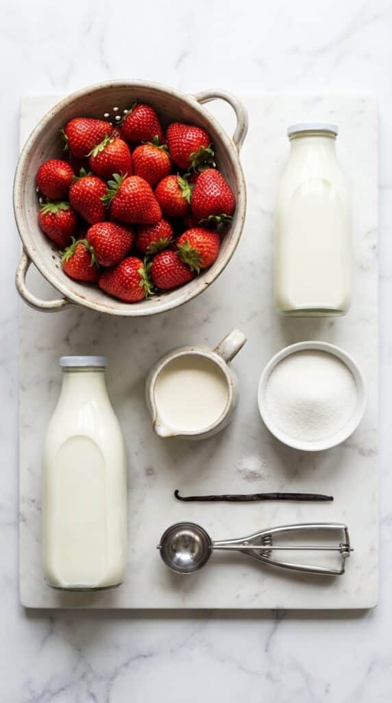 A flat lay showing fresh strawberries, milk, cream, sugar, and lemon on a marble surface.
