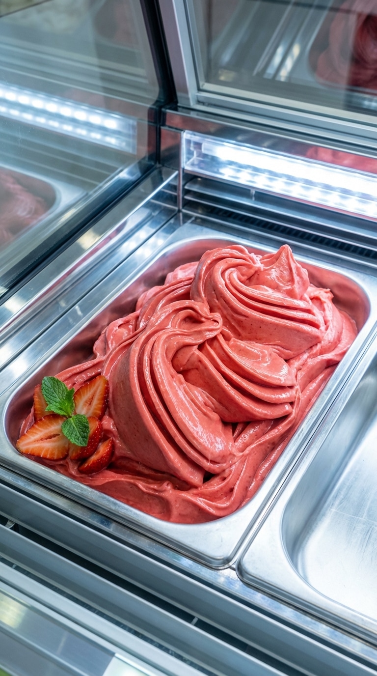 A stainless steel pan filled with swirled, dense strawberry gelato garnished with fresh fruit.