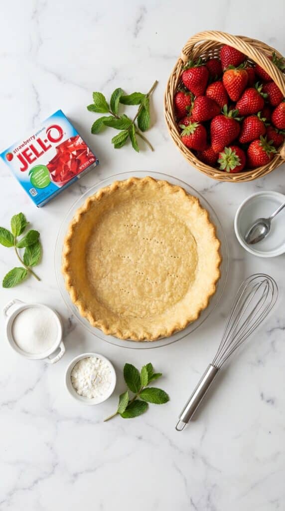 A flat lay showing a baked pie shell, fresh strawberries, strawberry jello box, sugar, and cornstarch.