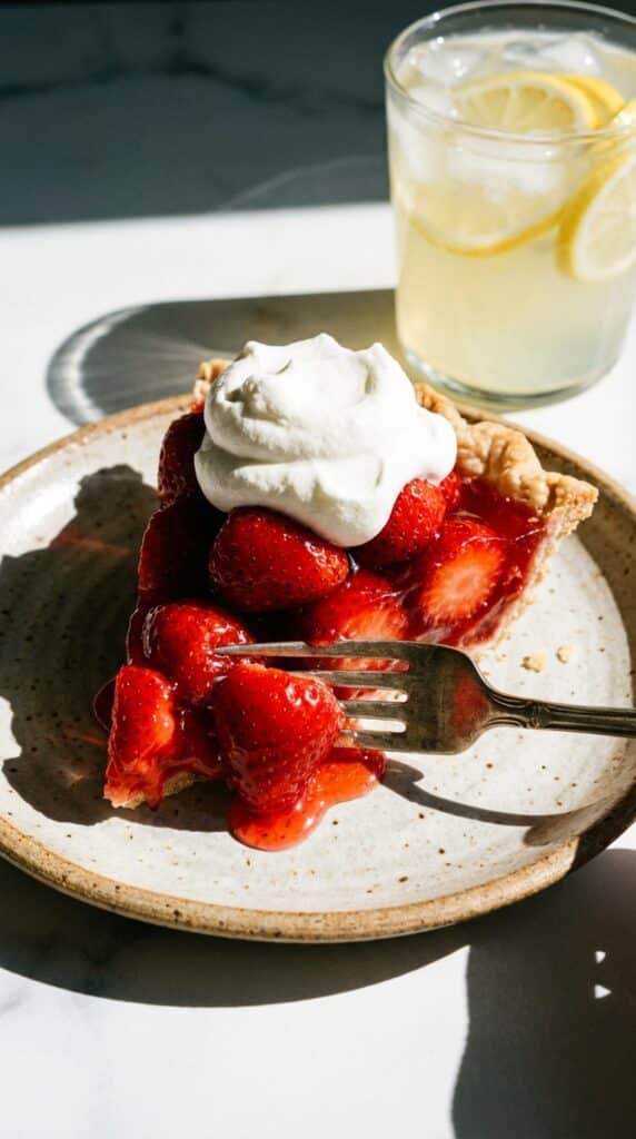 A side view of a slice of strawberry glaze pie showing whole berries suspended in red gel, served with whipped cream.