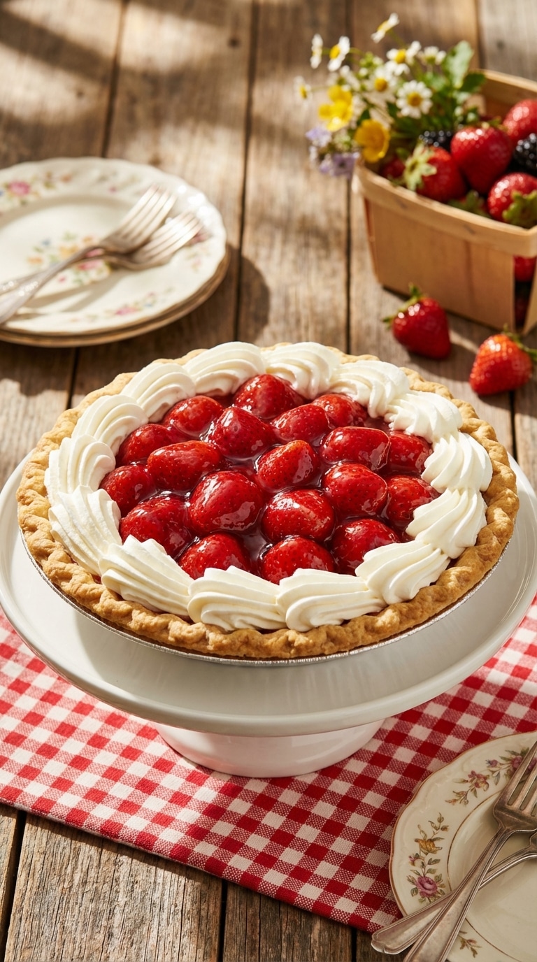 A whole strawberry pie with fresh berries coated in a shiny red glaze, topped with whipped cream on a picnic table.
