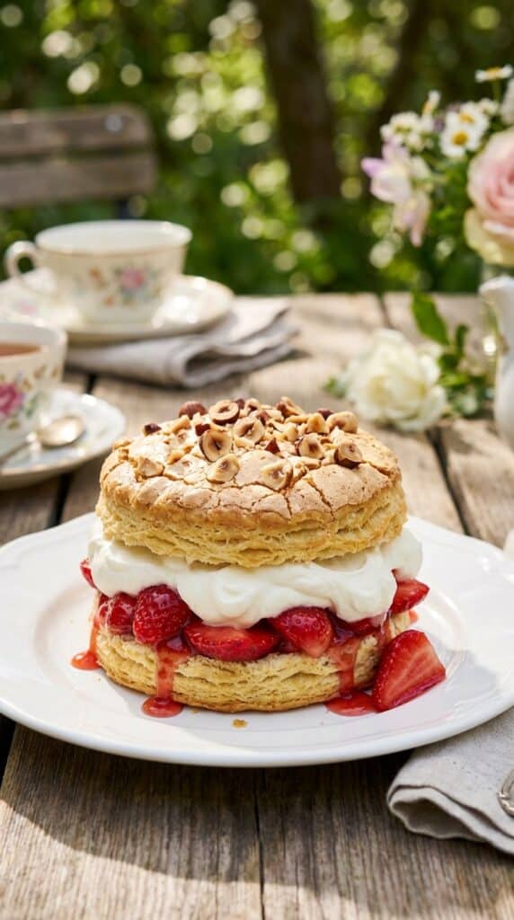 A close-up of a hazelnut shortcake topped with toasted meringue, filled with whipped cream and strawberries on a white plate.
