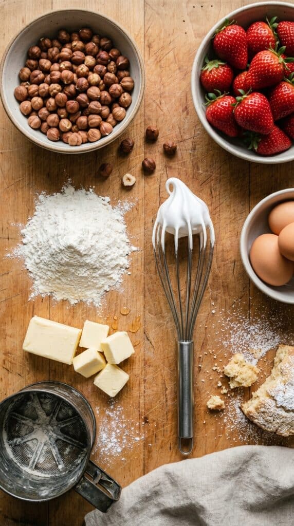 A flat lay showing hazelnuts, strawberries, flour, butter, and a whisk with meringue.