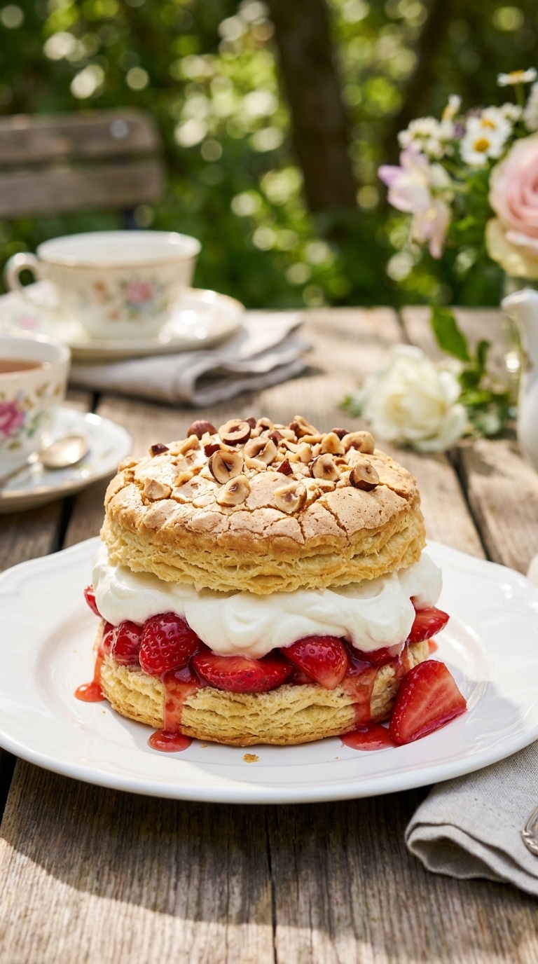A close-up of a hazelnut shortcake topped with toasted meringue, filled with whipped cream and strawberries on a white plate.