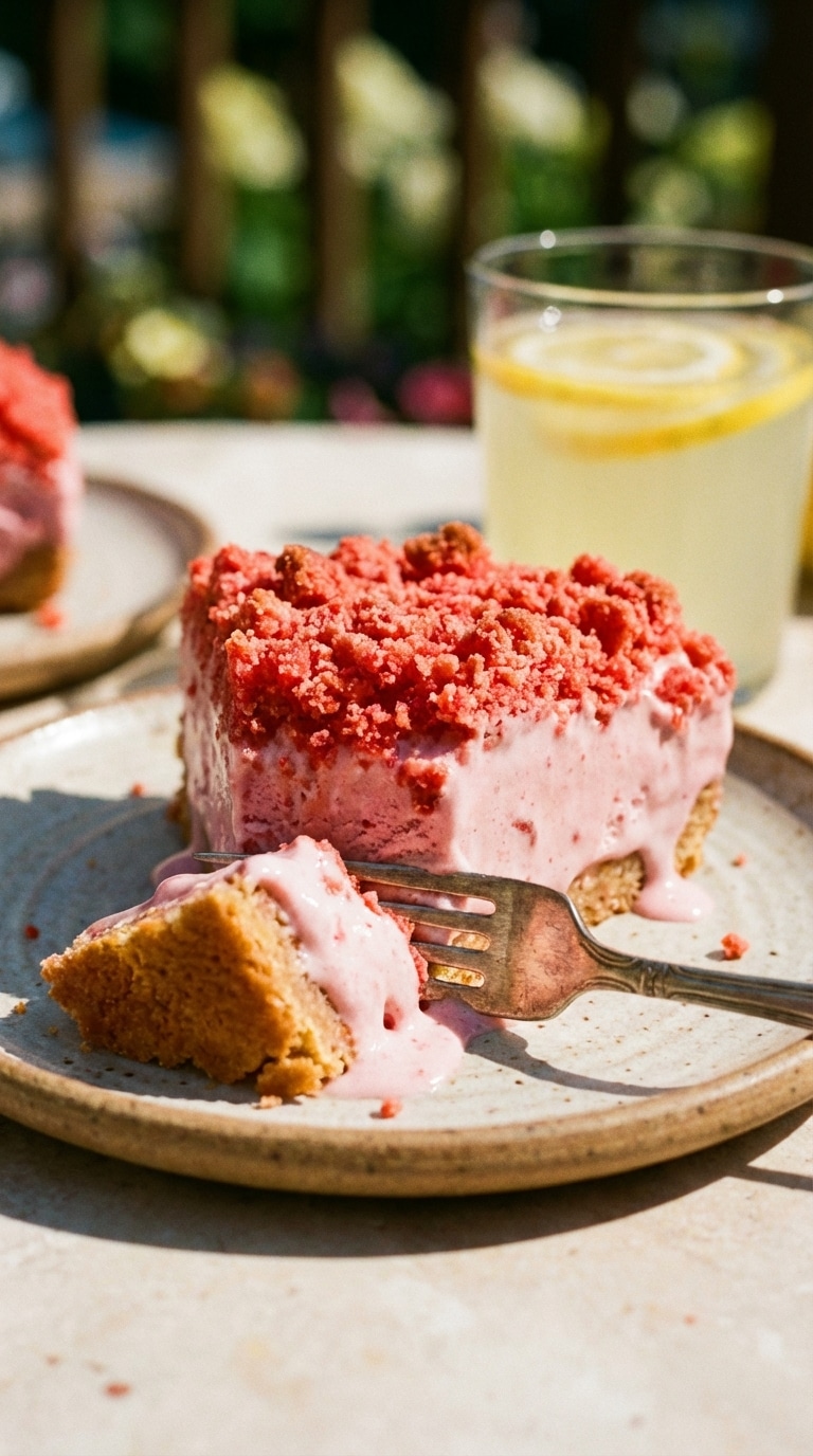 A whole strawberry ice cream cake coated in red crumble topping, with a slice removed showing pink and white layers.